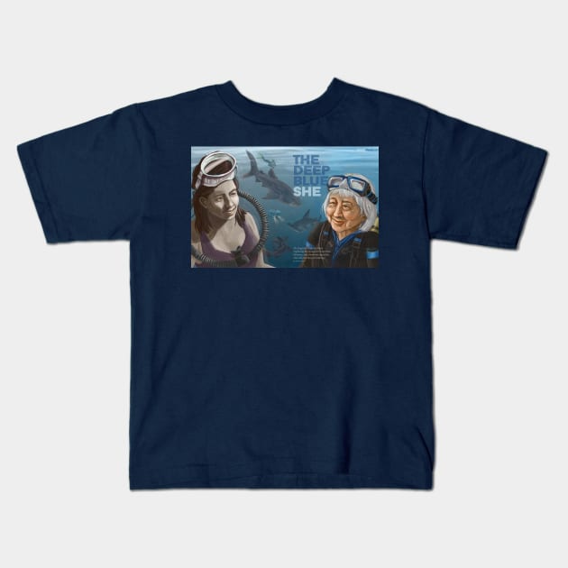 Dr. Eugenie Clark: The Deep Blue She Kids T-Shirt by Dustin Resch